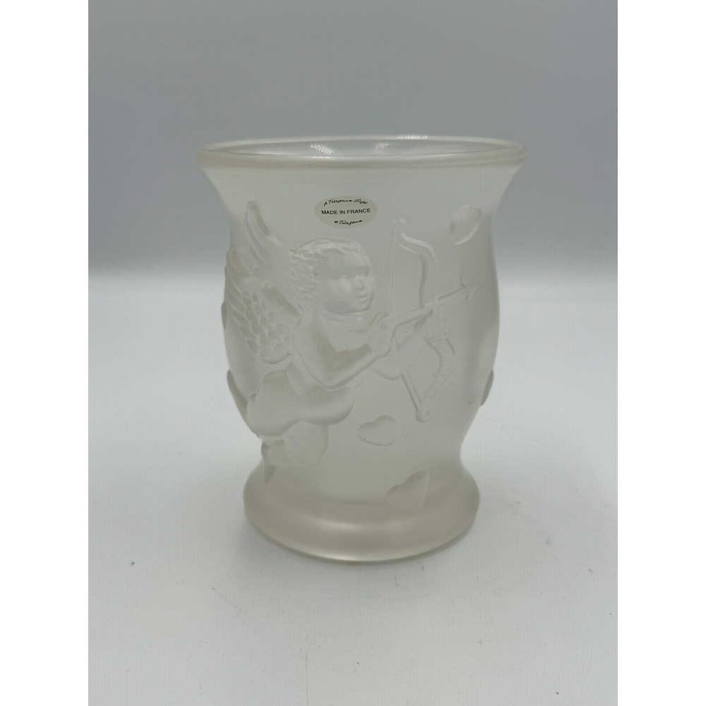 Teleflora 3D Cherub Cupid Hearts Angel Frosted Vase Vintage Made In France 5.5"